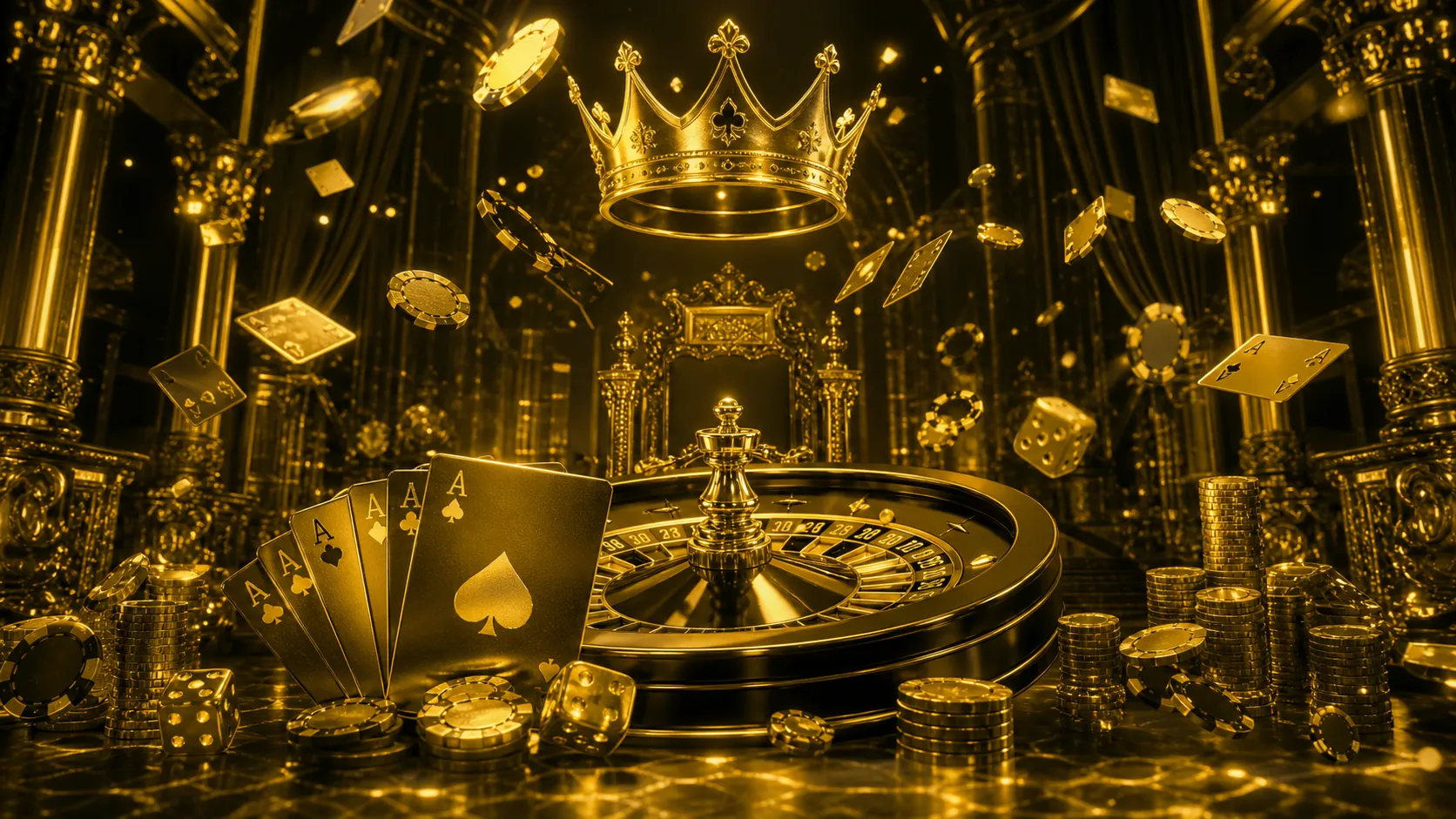 Glamorous casino hero banner featuring floating poker chips, playing cards, and dice with a luxurious color palette and royal