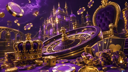 Glossy 3D render of floating poker chips, playing cards, and glowing slot machine elements in Slotroyals theme.